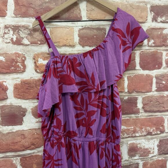Old Navy Dress Women's 2X Purple Red Shadow Floral One Shoulder Ruffle Tiered - Picture 3 of 8